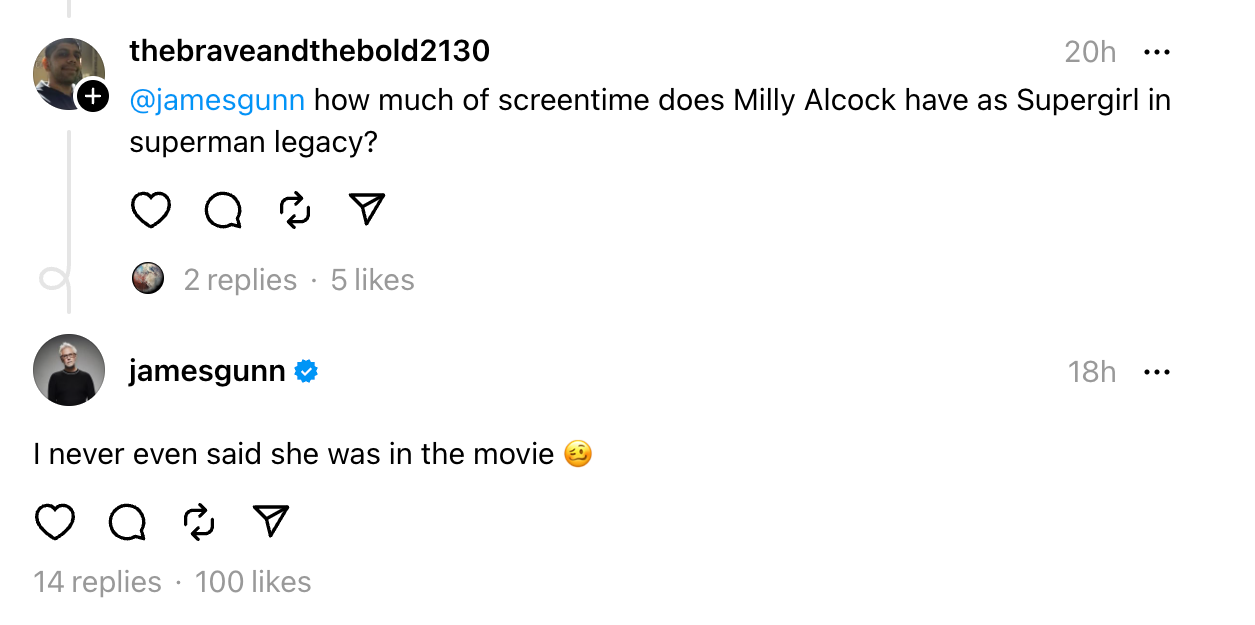 Title: James Gunn Addresses Rumor About Milly Alcock's Supergirl Casting, Hinting at Its Inaccuracy-content-image